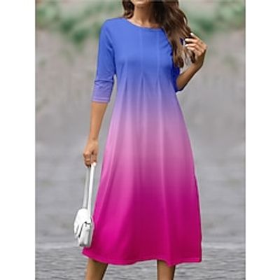 Women's Casual Dress SpringDress Ombre Print Ruched Crew Neck Midi Dress Streetwear Street Holiday 34 Length Sleeve Regular Fit Blue Fuchsia Rainbow Spring S M L XL XXL Lightinthebox