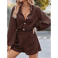 Women's Romper Button Pocket Solid Color Stand Collar Streetwear Street Daily Regular Fit Long Sleeve Black White Blue S M L Fall miniinthebox - thumbnail