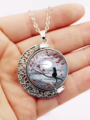Casual Retro Moon Cat Time Gemstone Necklace