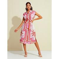 Belted Tropical Raglan Sleeve Knee Length Shirt Dress