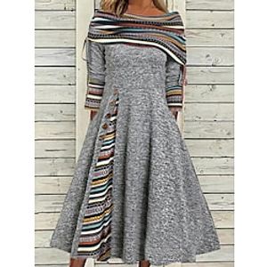 Women's Swing Dress Midi Dress Midi Dress Gray 3/4 Length Sleeve Print Ruched Button Print Fall Winter Off Shoulder Stylish Modern 2022 S M L XL XXL 3XL miniinthebox