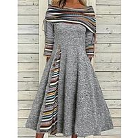 Women's Swing Dress Midi Dress Midi Dress Gray 3/4 Length Sleeve Print Ruched Button Print Fall Winter Off Shoulder Stylish Modern 2022 S M L XL XXL 3XL miniinthebox - thumbnail