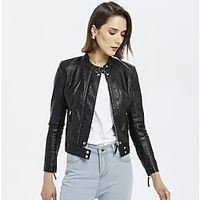 Women's Solid Colored Basic Fall Faux Leather Jacket Short Daily Long Sleeve PU Coat Tops White miniinthebox - thumbnail