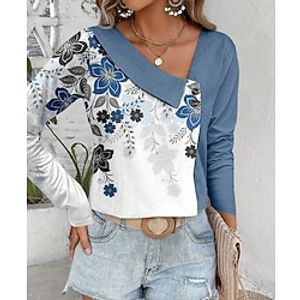 Women's Shirt Blouse Red Blue Purple Floral Button Print Long Sleeve Casual Holiday Basic V Neck Regular Fit Floral Spring   Fall Lightinthebox