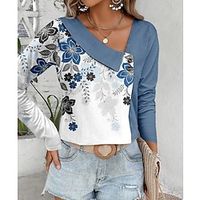 Women's Shirt Blouse Red Blue Purple Floral Button Print Long Sleeve Casual Holiday Basic V Neck Regular Fit Floral Spring   Fall Lightinthebox - thumbnail