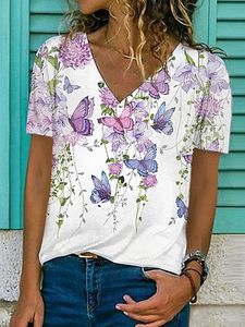 Womens Casual V-neck Butterfly Print Short sleeve T-shirt