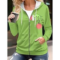 Women's Christmas Grinch Hoodie Jacket Fall Zip up Sport Coat Drawstring Jacket Casual  Daily Fashion Loose Fit Outerwear Long Sleeve Fall Dark Green S Lightinthebox