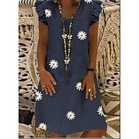 Women's A Line Dress Knee Length Dress Gray Black Dark Blue Short Sleeve Daisy Spring Summer Casual 2021 S M L XL XXL Lightinthebox - thumbnail