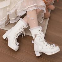 Women's Boots Combat Boots White Shoes Lolita Wedding Party Daily Solid Color Booties Ankle Boots Bowknot Chunky Heel Round Toe Cute Casual PU Lace-up Black White Pink miniinthebox