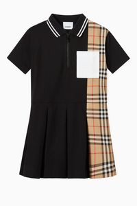 Polo Dress with Vintage Check Panel in Cotton Piqué