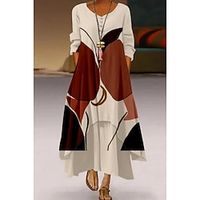 Women's Casual Dress Long Dress Maxi Dress White 3/4 Length Sleeve Color Block Ruched Summer Spring Crew Neck Elegant 2023 S M L XL XXL 3XL miniinthebox - thumbnail
