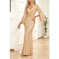 Mermaid  Trumpet Mother of the Bride Dress Wedding Guest Party Sparkle  Shine Scoop Neck V Neck Floor Length Sequined 34 Length Sleeve with Ruching Solid Color 2023 Lightinthebox