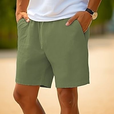 Men's Shorts Linen Shorts Summer Shorts Pocket Drawstring Elastic Waist Plain Comfort Breathable Outdoor Daily Going out Linen Cotton Blend Fashion Casual White Sky Blue Lightinthebox