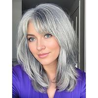 Silver Ash Brown Grey Wigs for White Women Medium Length Layered Silver Gray Wavy Wig with Bangs Natural Looking Heat Synthetic Side Part Gray Wigs for Daily Party Use Salt and Pepper Wigs for Women Lightinthebox