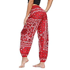 women's smocked waist floral print harem hippie boho yoga palazzo casual pants,paisley red miniinthebox