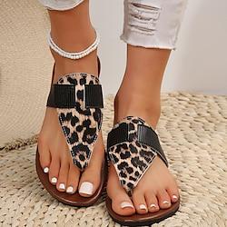 Women's Flip-Flops Outdoor Slippers Daily Flat Heel Open Toe Casual Faux Leather Loafer Leopard White Beige Lightinthebox