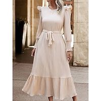 Women's Casual Dress Winter Dress Swing Dress Midi Dress Lace up Ruffle Daily Date Going out Fashion Modern Crew Neck Long Sleeve 2023 Loose Fit Beige Color S M L XL XXL Size Lightinthebox - thumbnail