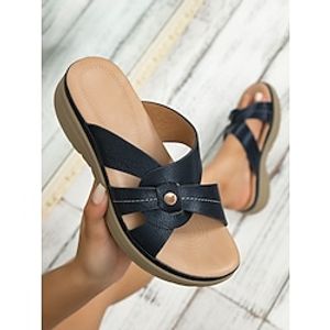 Women's Slippers Wedge Sandals Platform Sandals Daily Hollow Out Wedge Heel Open Toe Minimalism Faux Leather Loafer Solid Color Dark Blue Lightinthebox