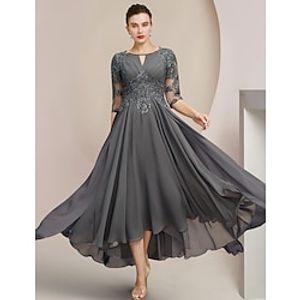 A-Line Mother of the Bride Dress Formal Wedding Guest Elegant High Low Scoop Neck Tea Length Chiffon Lace Half Sleeve with Sequin Appliques 2023 Lightinthebox