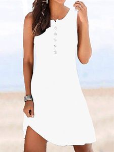 Casual Solid Color Buttons Crew Neck Sleeveless Short Dress