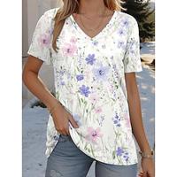 Women's T shirt Tee Floral Casual Holiday White Print Short Sleeve Fashion V Neck Regular Fit Summer Lightinthebox