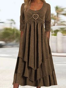 Solid Color Waisted Heart Decoration Layer Cake Casual Maxi Dresses