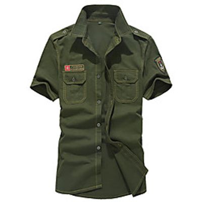 Men's Shirt Geometry Letter Patchwork Print Short Sleeve Casual Tops Simple Lightweight Basic Classic Army Green Khaki Navy Blue miniinthebox