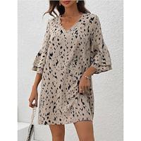 Women's Casual Dress SpringDress Leopard Ruffle Print V Neck Ruffle Sleeve Mini Dress Streetwear Street Date 3/4 Length Sleeve Loose Fit Khaki Summer Spring S M L XL XXL Lightinthebox