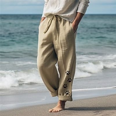Footprint  Paw Vintage Men's Pants Trousers Outdoor Daily Wear Streetwear Cotton Linen White Green Khaki S M L Mid Waist Elasticity Pants Lightinthebox