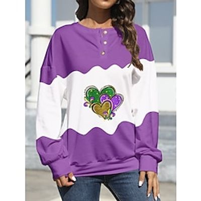 Women's Sweatshirt Pullover Heart Active Fashion Print Button Grass Green Dark Green Purple Casual Round Neck Long Sleeve Micro-elastic Spring Lightinthebox