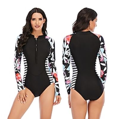 Women's One Piece Swimsuit Rash Guard Elastane Bodysuit Bathing Suit UV Sun Protection UPF50 Breathable Stretchy Long Sleeve Front Zip Vintage - Swimming Surfing Beach Water Sports Floral / Botanical miniinthebox