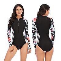 Women's One Piece Swimsuit Rash Guard Elastane Bodysuit Bathing Suit UV Sun Protection UPF50 Breathable Stretchy Long Sleeve Front Zip Vintage - Swimming Surfing Beach Water Sports Floral / Botanical miniinthebox - thumbnail