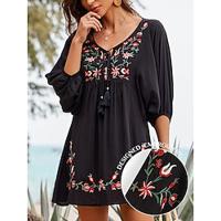 Women's Summer Tops Blouse Embroidered Tassel Tie Batwing Sleeve Black 3/4 Length Sleeve Crew Neck Summer Lightinthebox