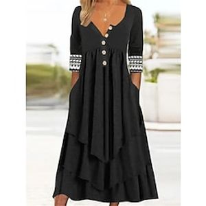 Women's Casual Dress Shift Dress Pleated Dress Geometric Color Block Pleated Pocket V Neck Midi Dress Active Fashion Outdoor Daily 34 Length Sleeve Regular Fit Black Fall Spring S M L XL XXL Lightinthebox