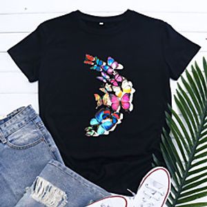 Women's T shirt Graphic Butterfly Print Round Neck Basic Tops Blue Blushing Pink Black miniinthebox