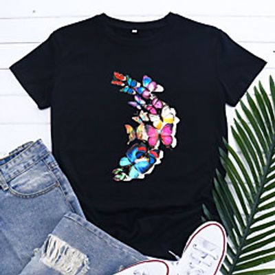 Women's T shirt Graphic Butterfly Print Round Neck Basic Tops Blue Blushing Pink Black miniinthebox