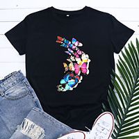 Women's T shirt Graphic Butterfly Print Round Neck Basic Tops Blue Blushing Pink Black miniinthebox - thumbnail