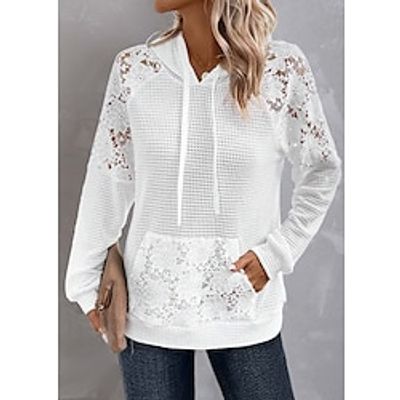 Women's Hoodie Sweatshirt Pullover Waffle Plain Fashion Drawstring Front Pocket White Casual Sports Hooded Long Sleeve Top Micro-elastic Fall  Winter Lightinthebox