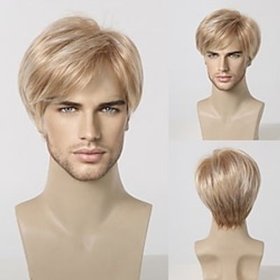 Synthetic Wig Uniforms Career Costumes Princess kinky Straight Middle Part Layered Haircut Machine Made Wig 8 inch Light Blonde Synthetic Hair Men's Cosplay Party Fashion Blonde miniinthebox