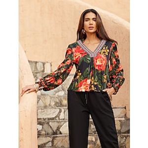 Women's Floral Print Flower  Plants Black Print V Neck Puff Sleeve Vacation Casual Daily Weekend Elegant Vacation Flower Style S M L Lightinthebox