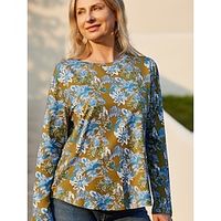 Women's T shirt Tee 100% Cotton Paisley Casual Daily Green Print Long Sleeve Ethnic Print Round Neck Loose Fit All Seasons Lightinthebox