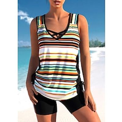 Women's Swimwear Tankini 2 Piece Normal Swimsuit 2 Piece Printing Striped Floral White Yellow Blue Tank Top Bathing Suits Sports Summer miniinthebox