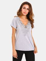 Sexy Women Solid Crochet Patchwork V-Neck T-Shirt