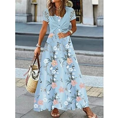 Women's Two Piece Dress Set Casual Dress Swing Dress Outdoor Daily Fashion Streetwear Lace up Lace Long Dress Maxi Dress Crew Neck Short Sleeve Floral Regular Fit Blue Summer Spring S M L XL XXL Lightinthebox