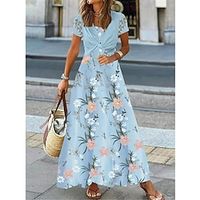 Women's Two Piece Dress Set Casual Dress Swing Dress Outdoor Daily Fashion Streetwear Lace up Lace Long Dress Maxi Dress Crew Neck Short Sleeve Floral Regular Fit Blue Summer Spring S M L XL XXL Lightinthebox - thumbnail