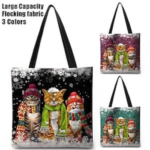 Women's Tote Shoulder Bag Fluffy Bag Polyester Christmas Shopping Daily Print Large Capacity Lightweight Durable Cat Black Dark Pink Green Lightinthebox