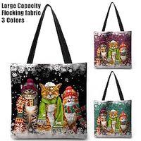 Women's Tote Shoulder Bag Fluffy Bag Polyester Christmas Shopping Daily Print Large Capacity Lightweight Durable Cat Black Dark Pink Green Lightinthebox - thumbnail
