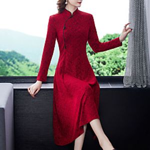Women's A Line Dress Midi Dress Wine Long Sleeve Solid Color Lace Spring Summer Mandarin Collar Elegant Vintage Traditional 2022 L XL XXL 3XL 4XL miniinthebox