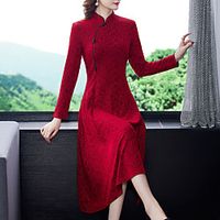 Women's A Line Dress Midi Dress Wine Long Sleeve Solid Color Lace Spring Summer Mandarin Collar Elegant Vintage Traditional 2022 L XL XXL 3XL 4XL miniinthebox - thumbnail