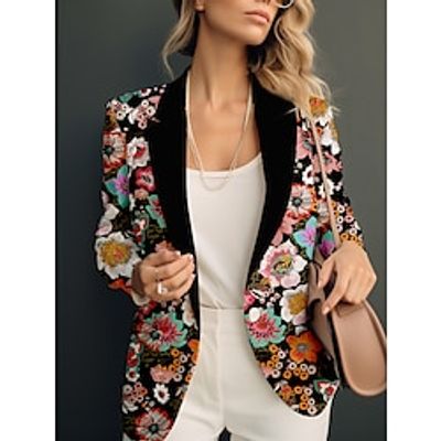 Women's Blazer Office Print Flower Breathable Fashion Regular Fit Outerwear Long Sleeve Spring Black S Lightinthebox